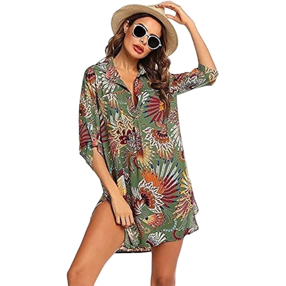 Floral Print Shirt Dress Green Tunic Top Cover‎ Up Beach Swim Resort Small NWT